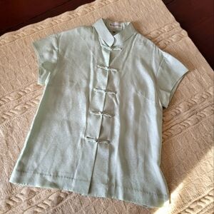 Jim Thompson Thai Mandarin Style Silk Short-Sleeved Blouse size 10 Sage Green